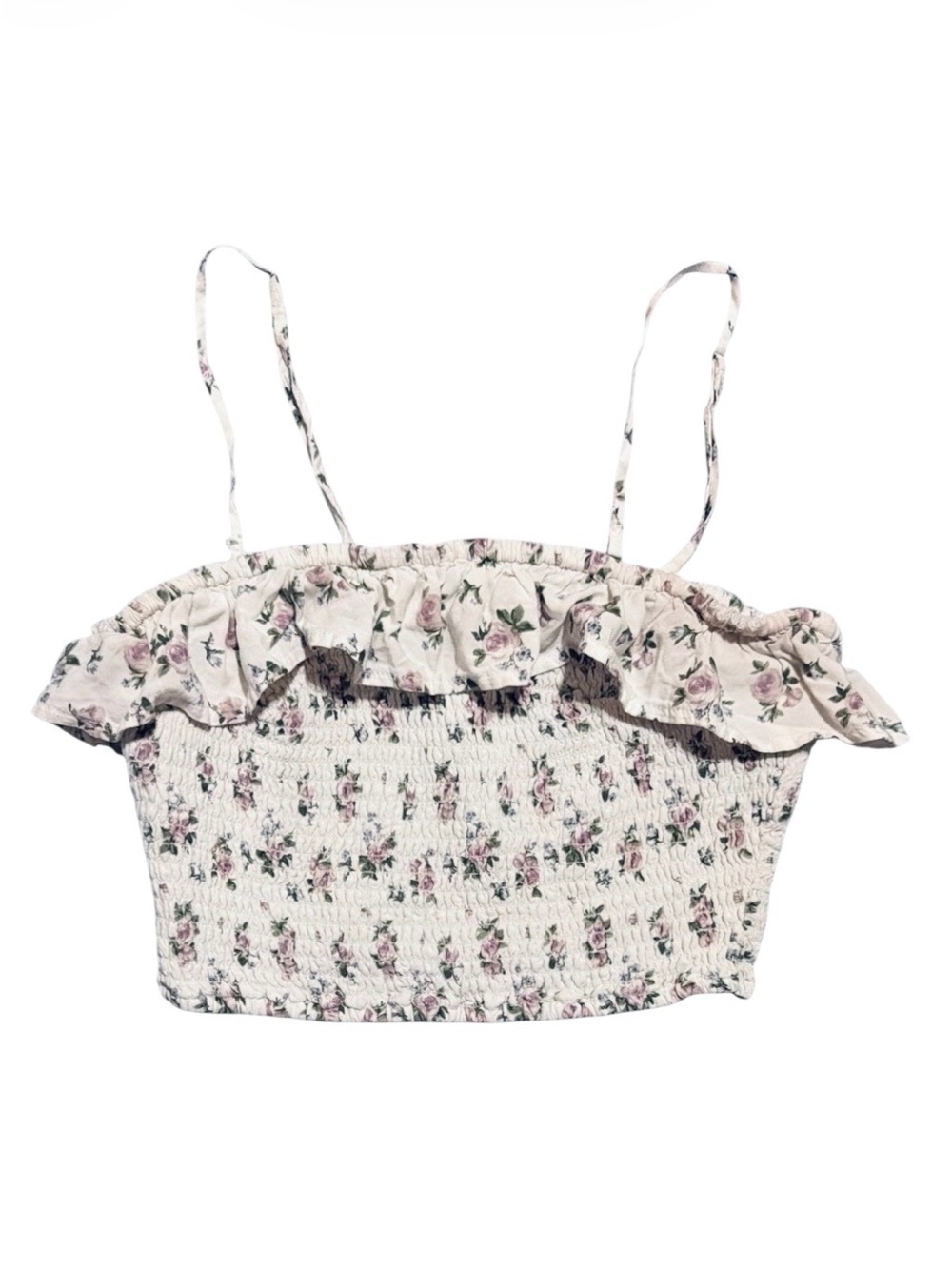 Hollister Floral Smocked Crop Top Size Small Cottagecore Ruffle Adjustable Strap